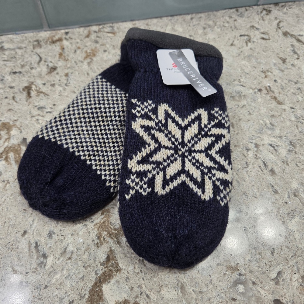 NWT Bruce River Women Navy Blue Nordic Snowflake Knit Mittens 3M Thinsulate S